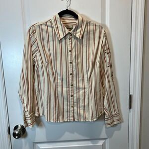 Natural‎ Reflections Striped Button Down Shirt Embroidered Cuffs Women's Medium